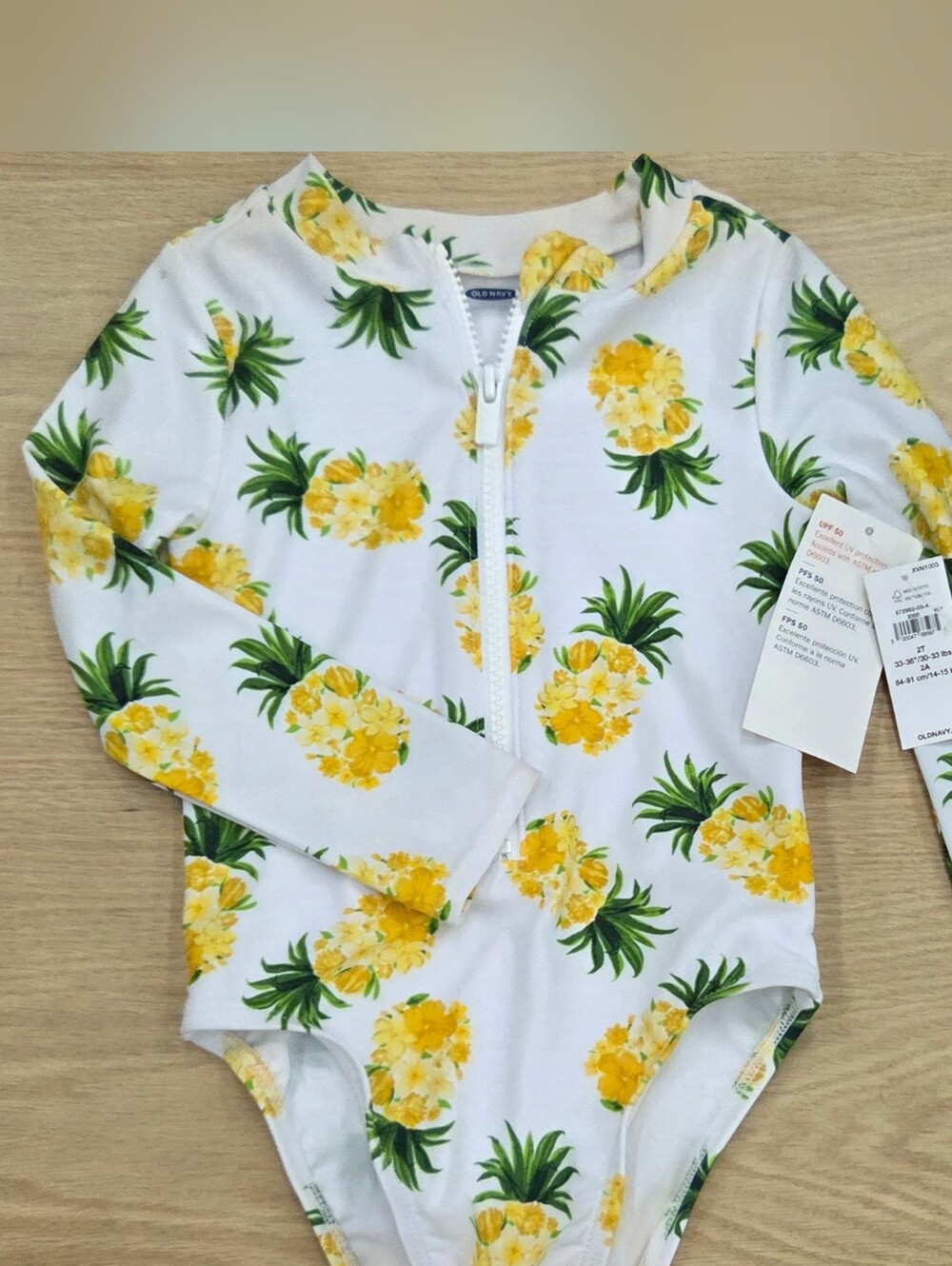 Old Navy White and Yellow Pineapple Print Long-Sleeve One-Piece